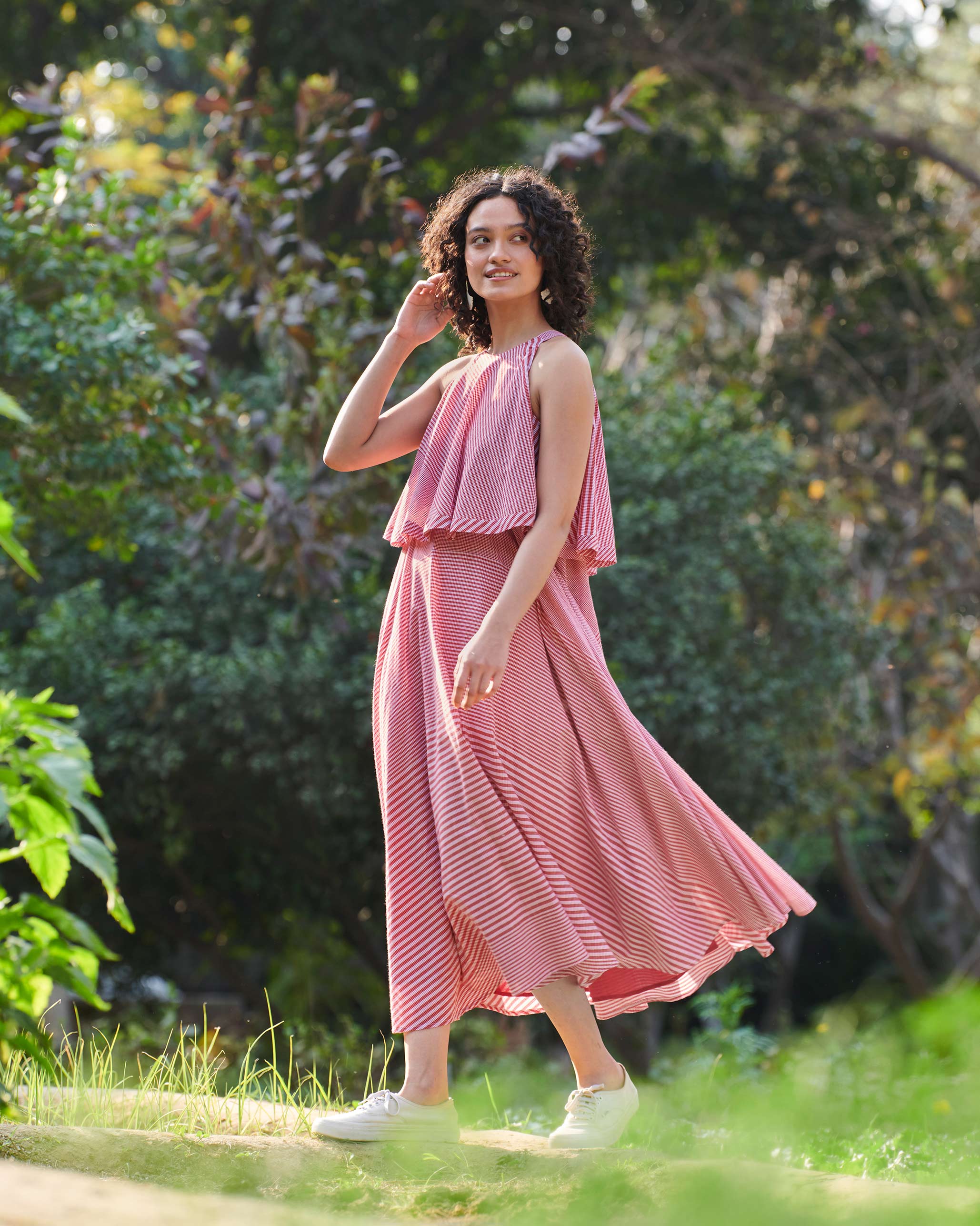 Flared Halter Dress - Red & Ivory