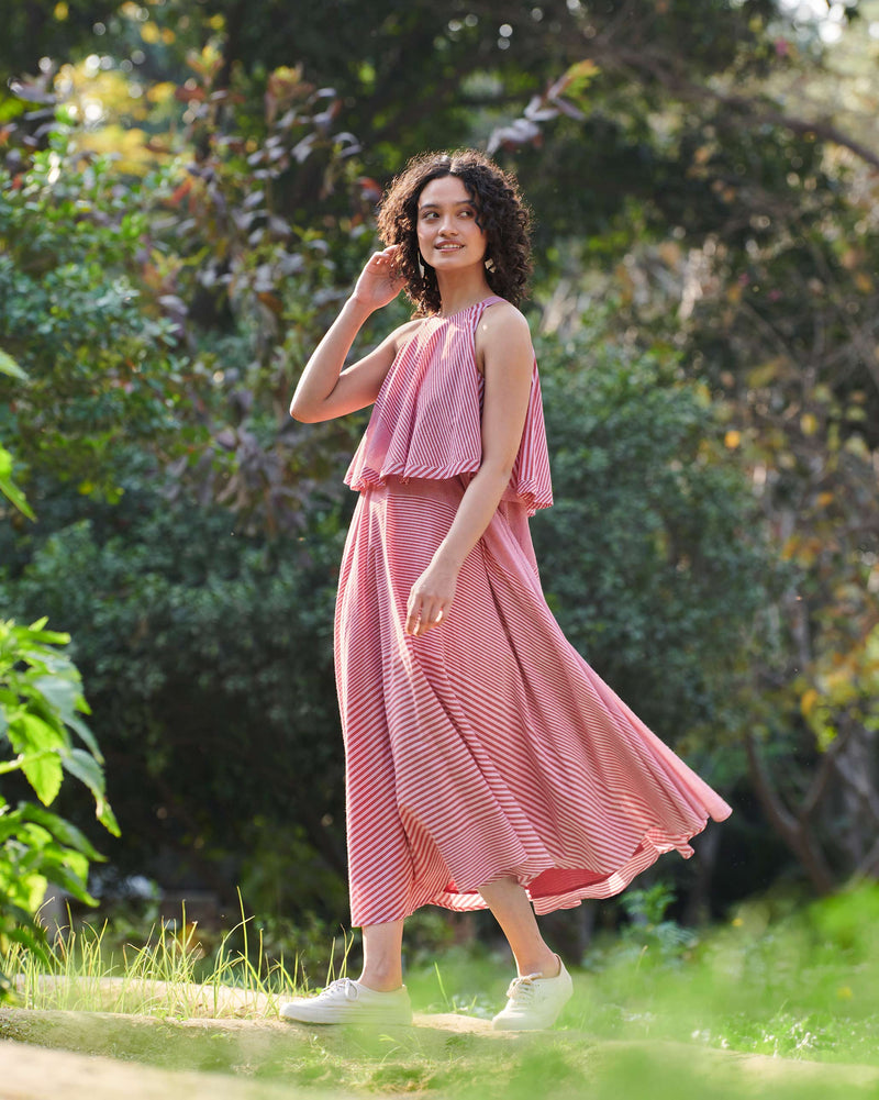 Flared Halter Dress - Red & Ivory