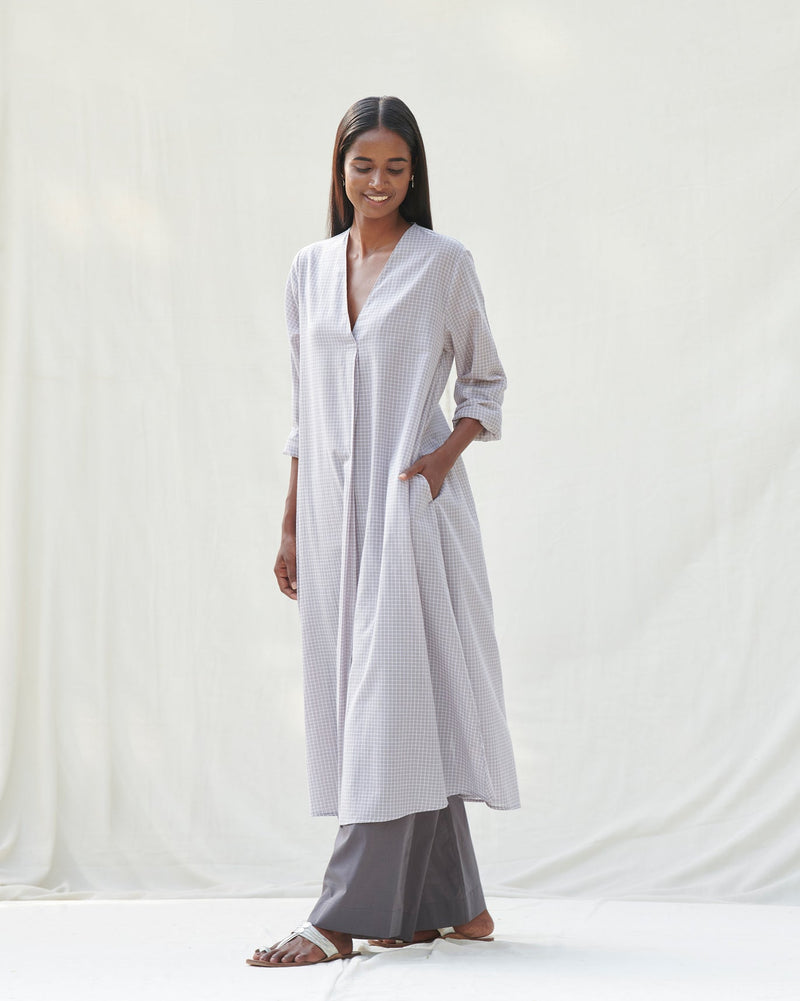 Summer Pleat Kurta - Grey & White