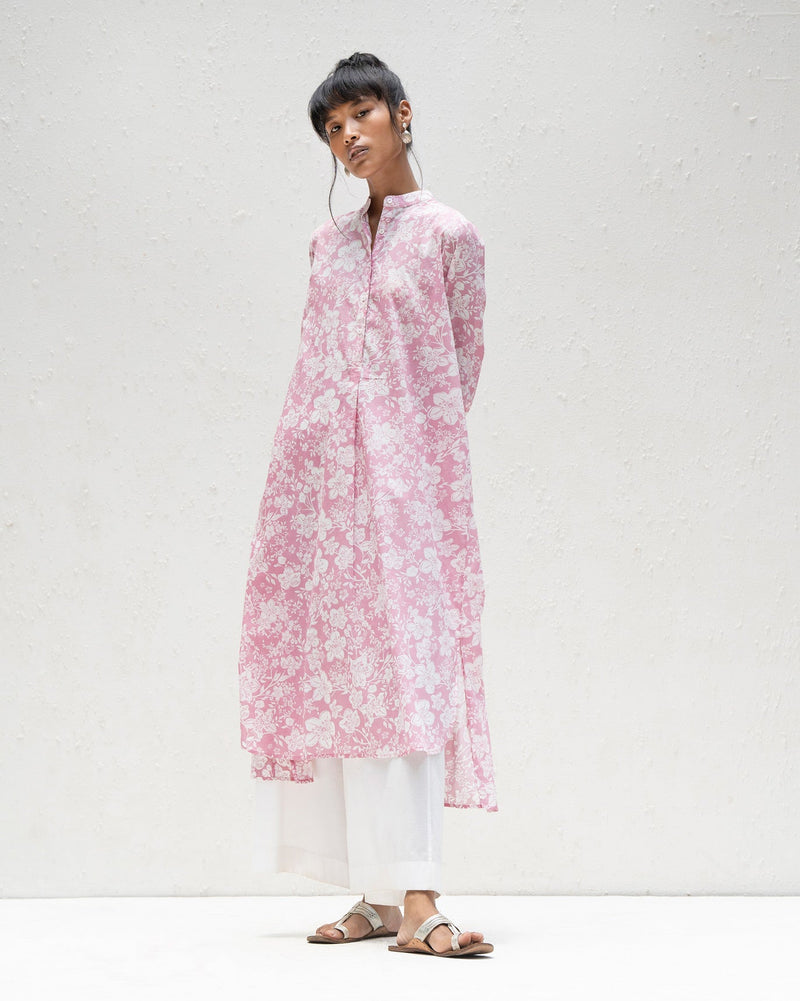 Smocked Back Kurta - Pink & Ivory