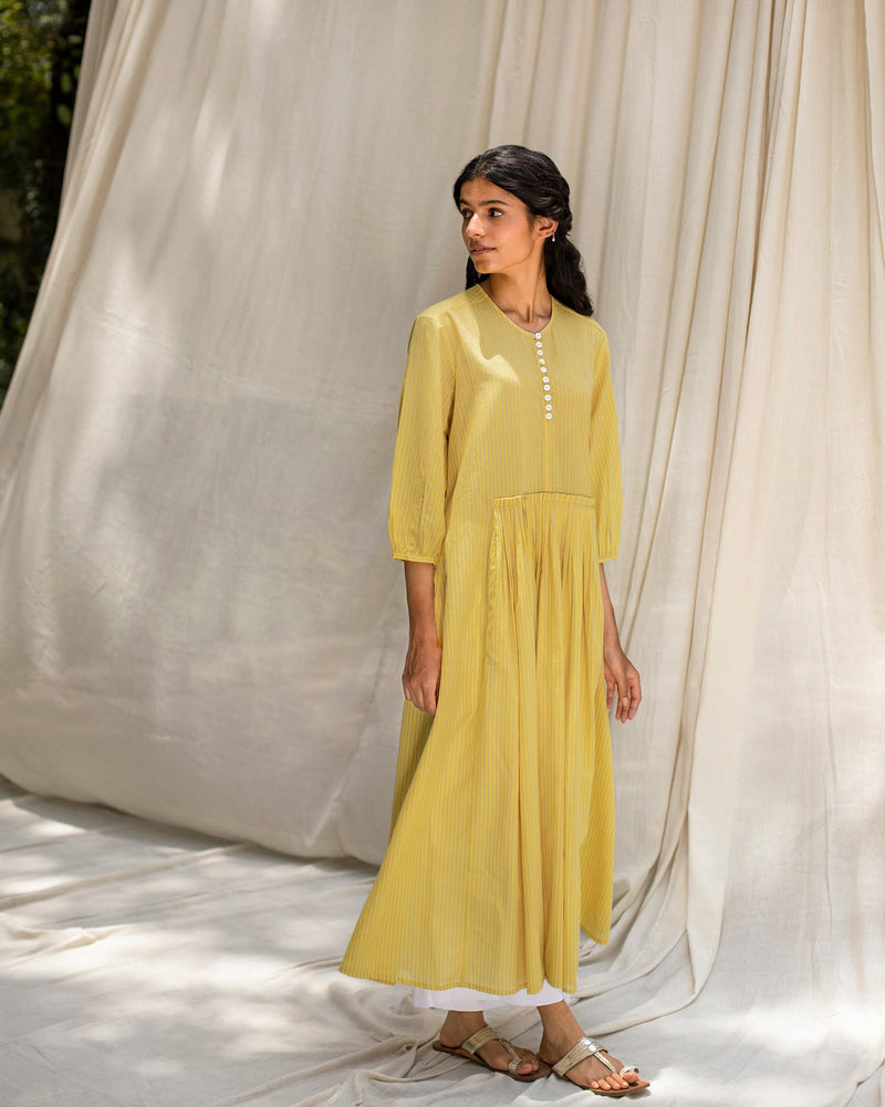 Pleated Waist Kurta - Yellow & Grey