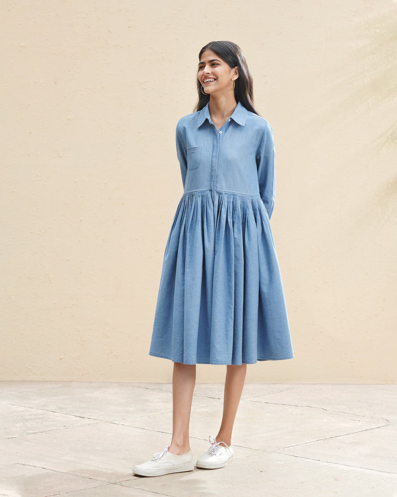 Pleated Shirt Dress - Denim