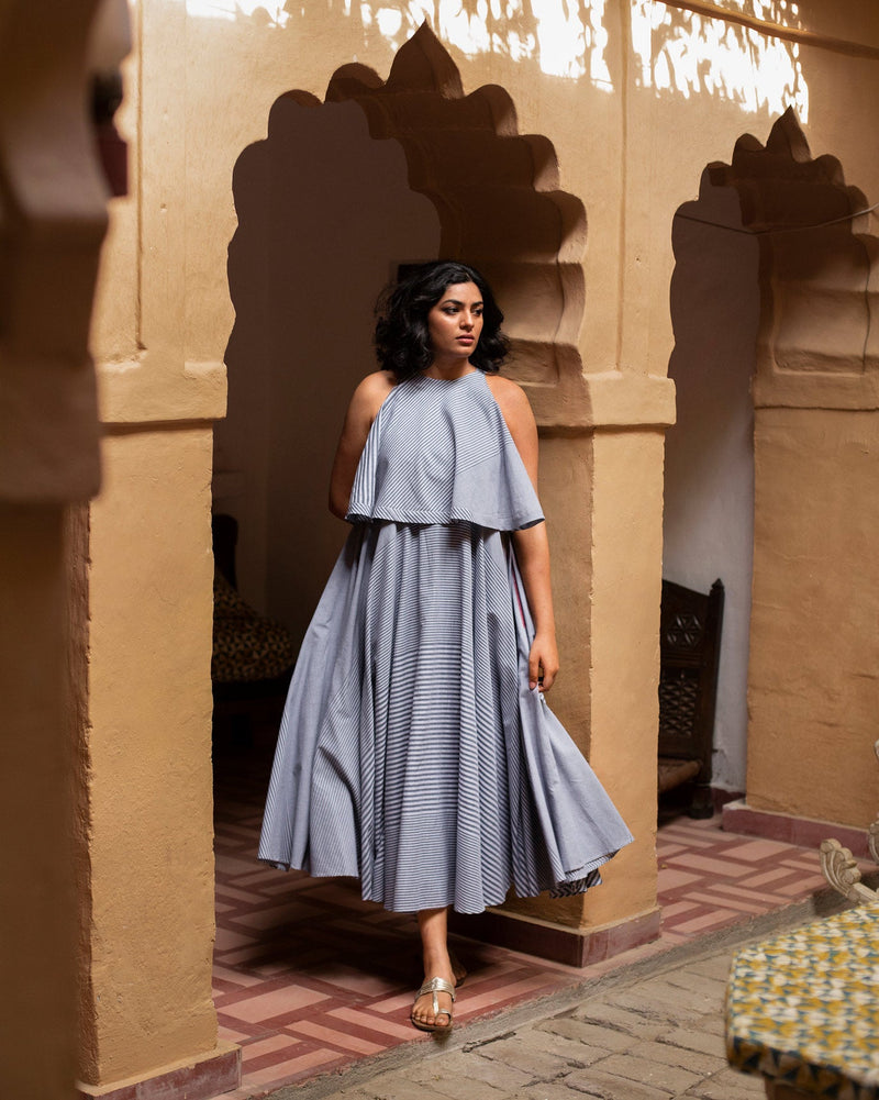 Flared Halter Dress - Navy & Ivory