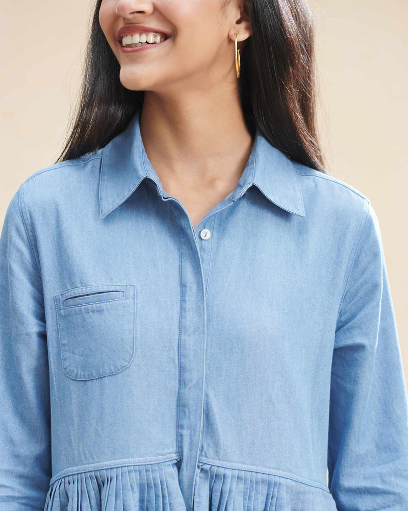 Pleated Shirt Dress - Denim