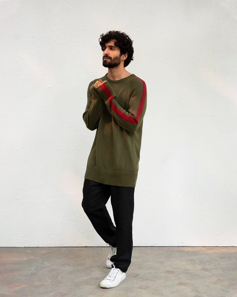Crew Neck Sweater - Olive & Red