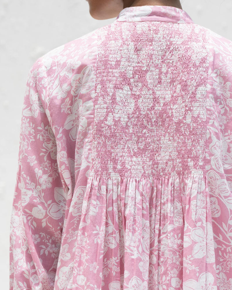 Smocked Back Kurta - Pink & Ivory