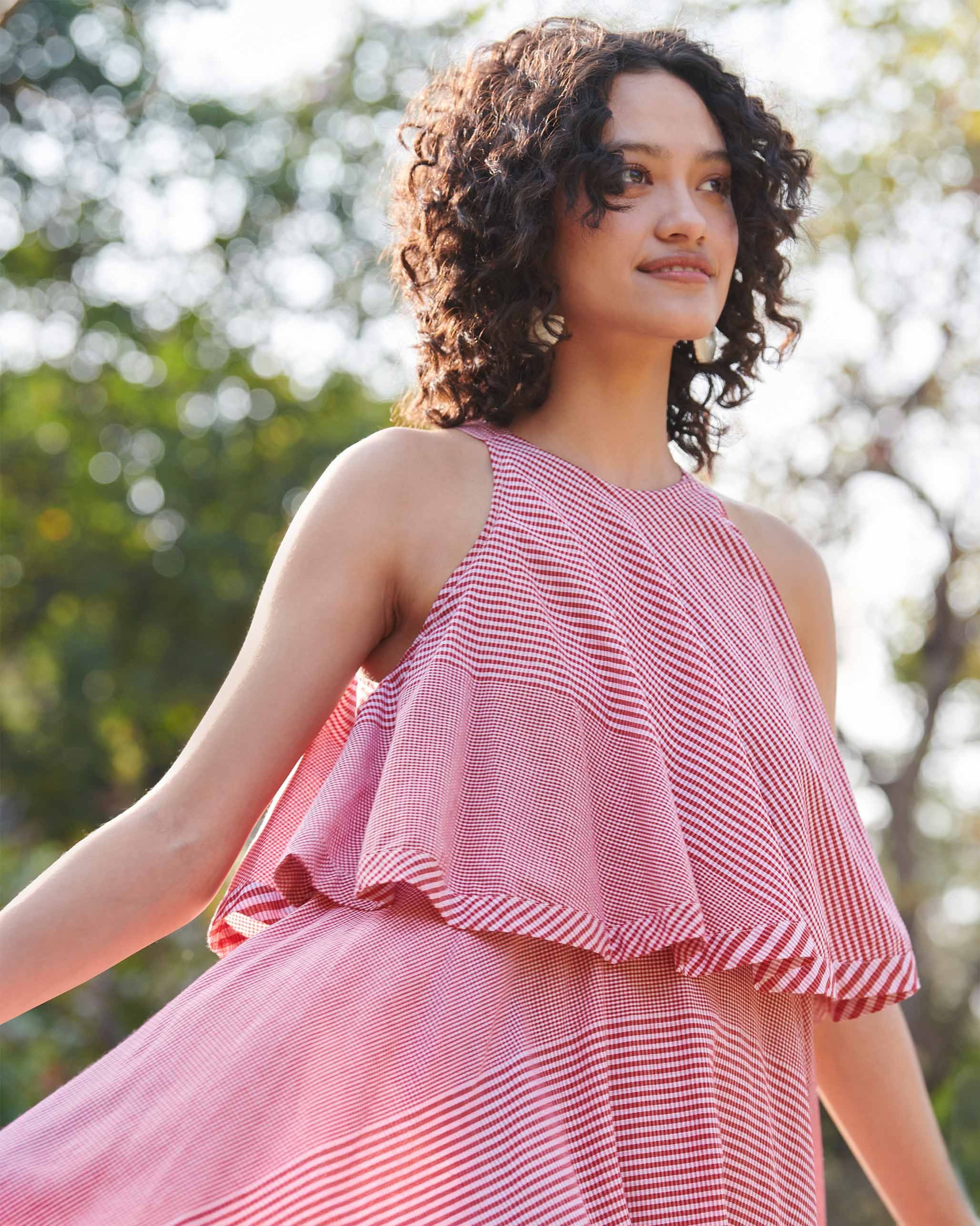 Flared Halter Dress - Red & Ivory