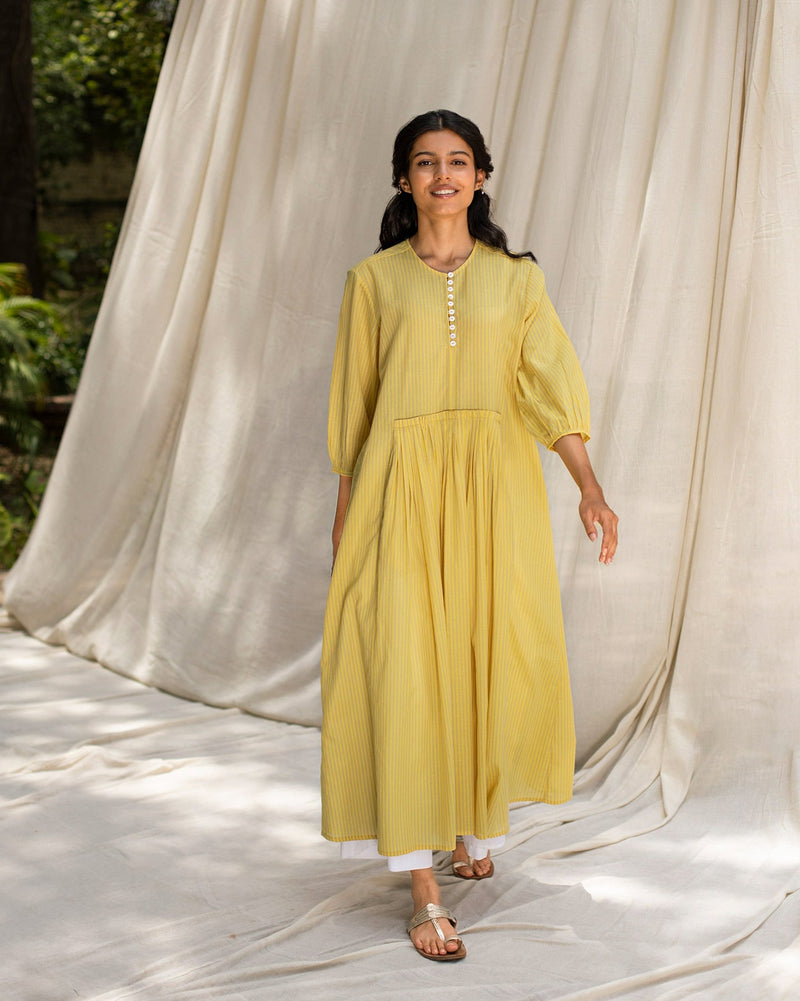 Pleated Waist Kurta - Yellow & Grey