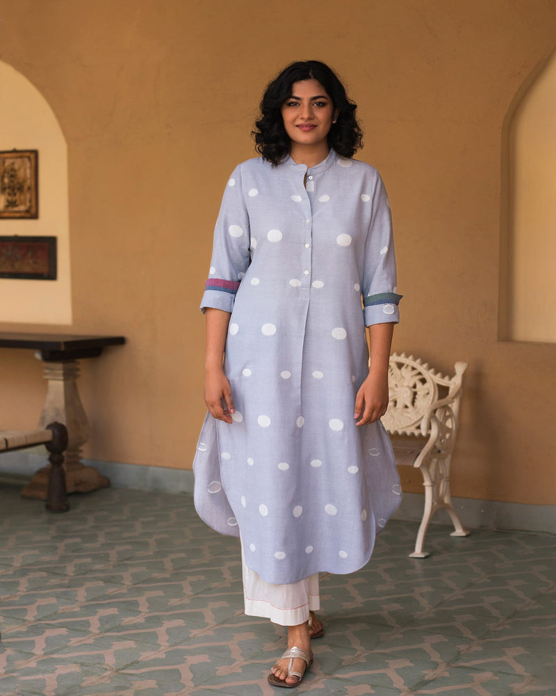 Basic Long Length Kurta - Grey & Ivory