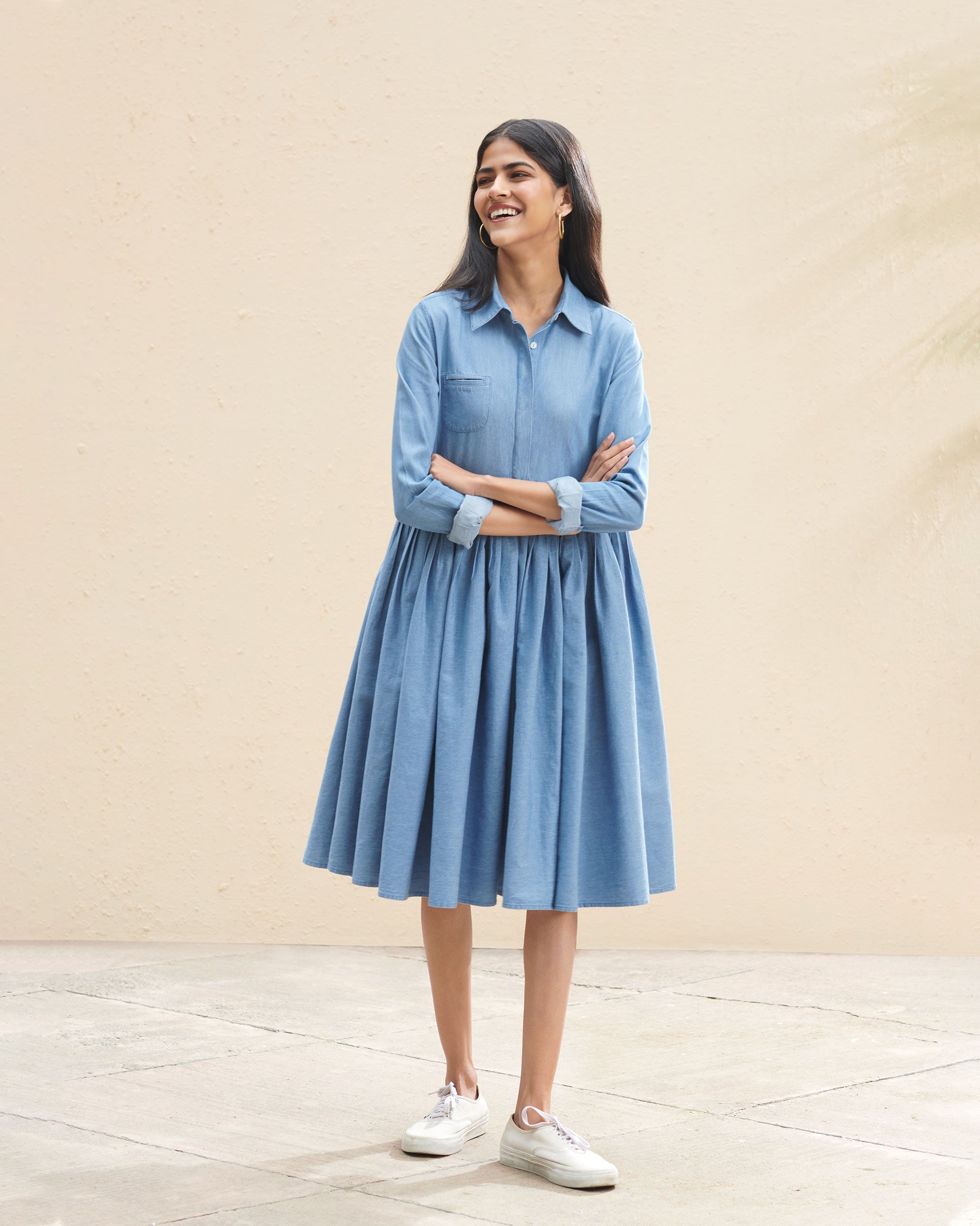 Pleated Shirt Dress - Denim