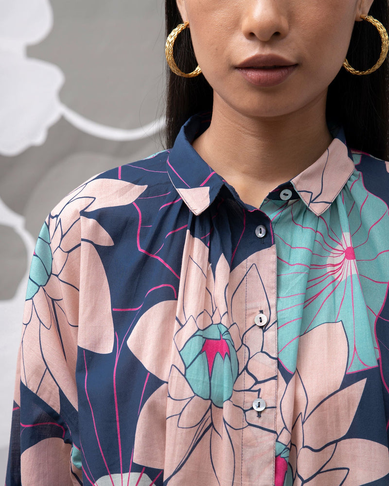 Gathered Shirt  - Blue & Pink