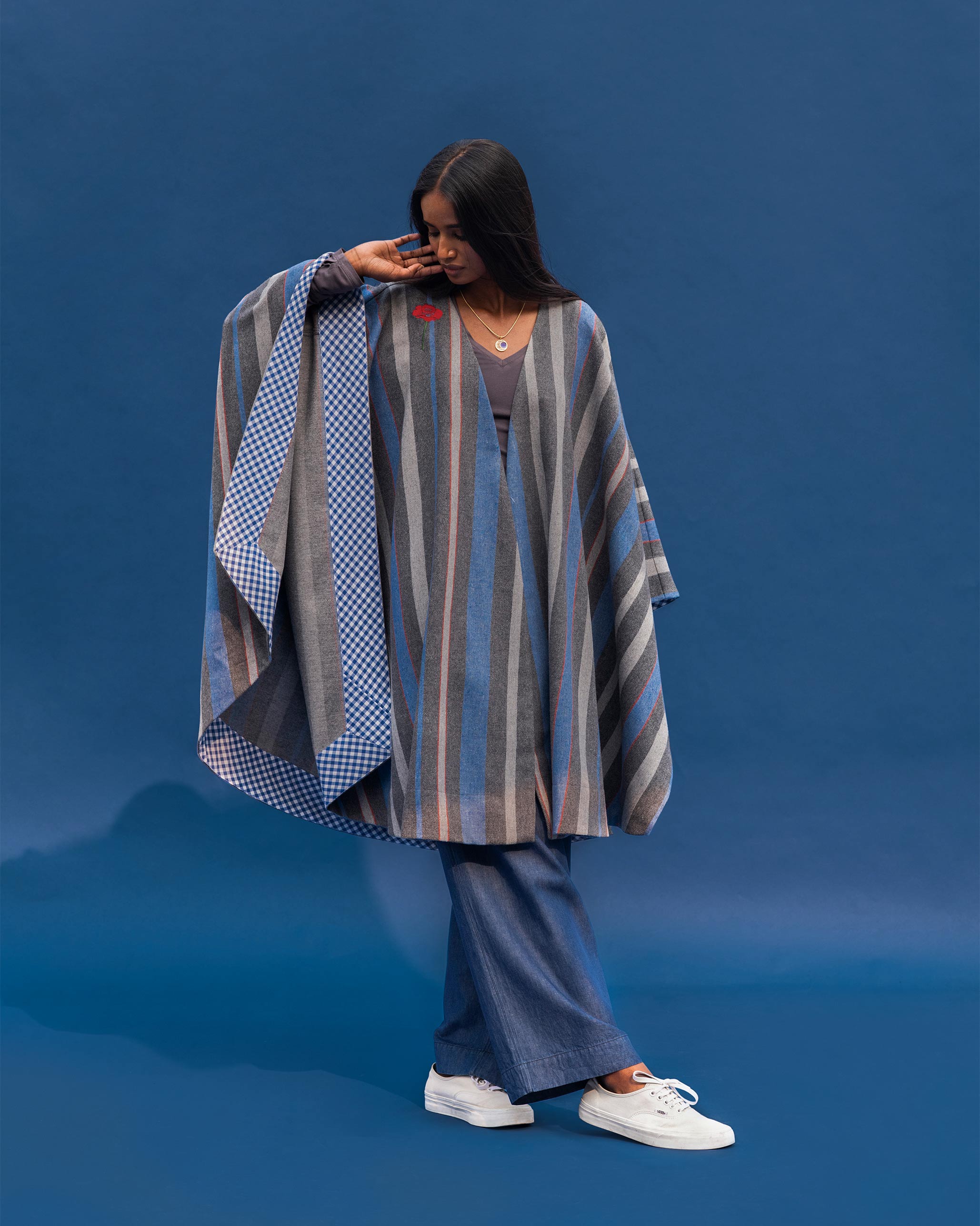 Woolen Cape - Grey and Blue