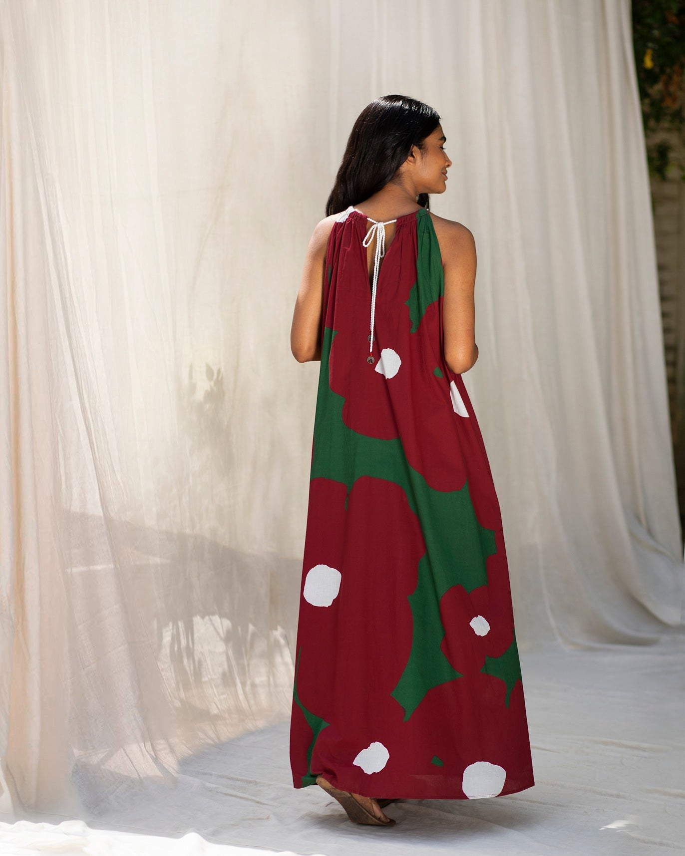 Drawstring Halter Dress - Red & Green