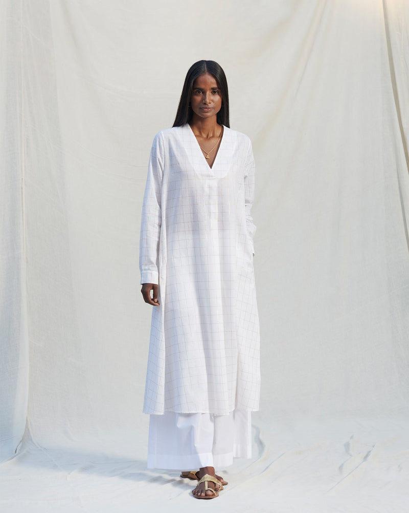 Summer Pleat Kurta - White & Gold