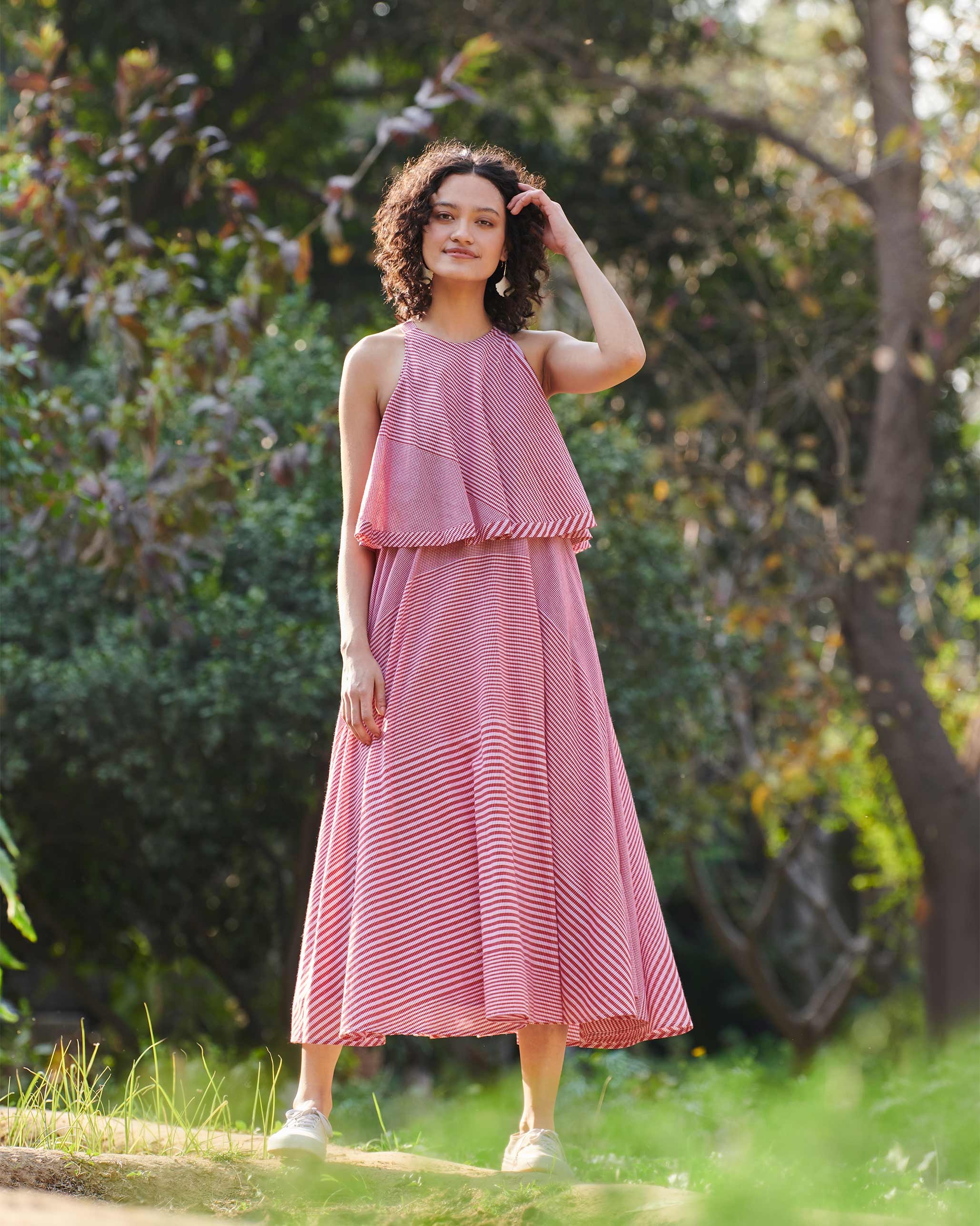 Flared Halter Dress - Red & Ivory