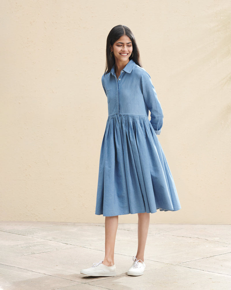 Pleated Shirt Dress - Denim