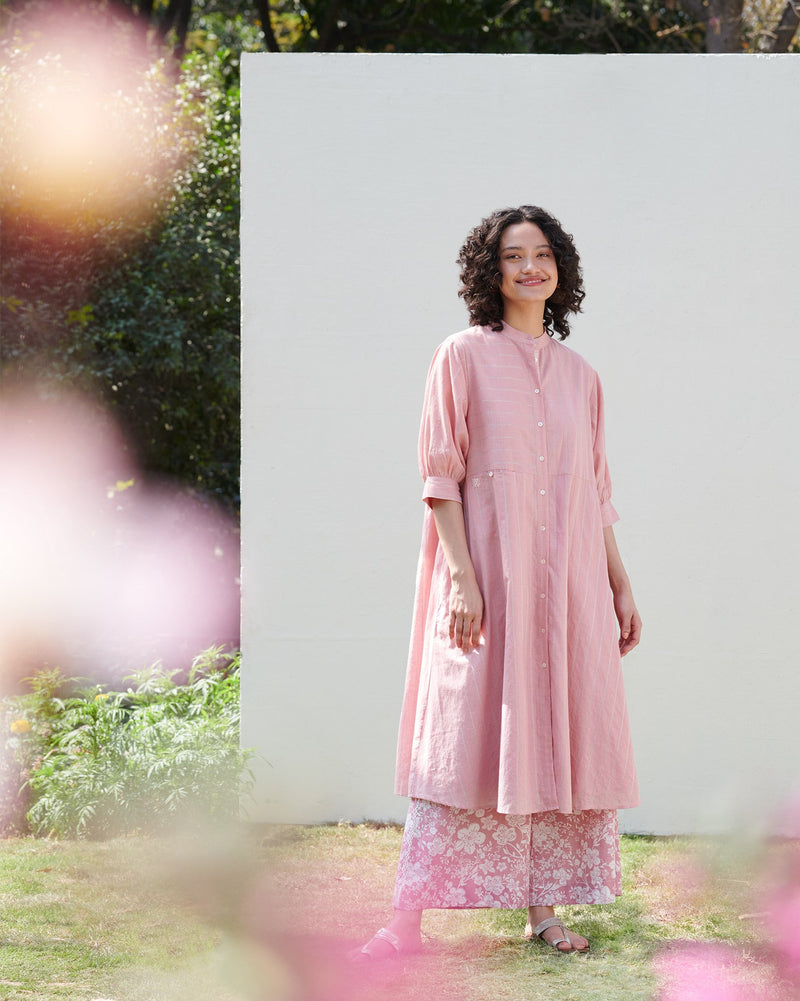 Gathered Sleeve Kurta - Pink & Silver