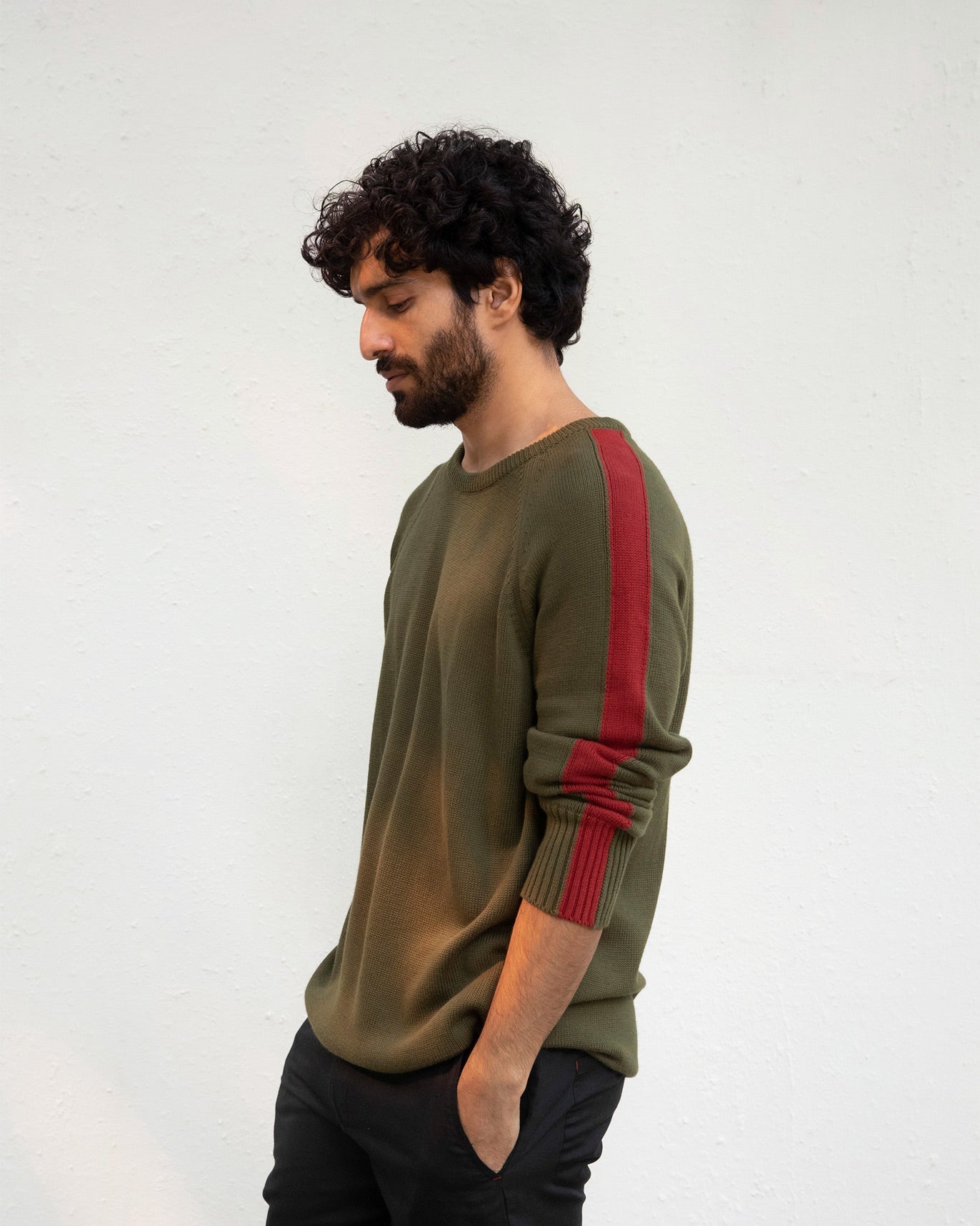Crew Neck Sweater - Olive & Red