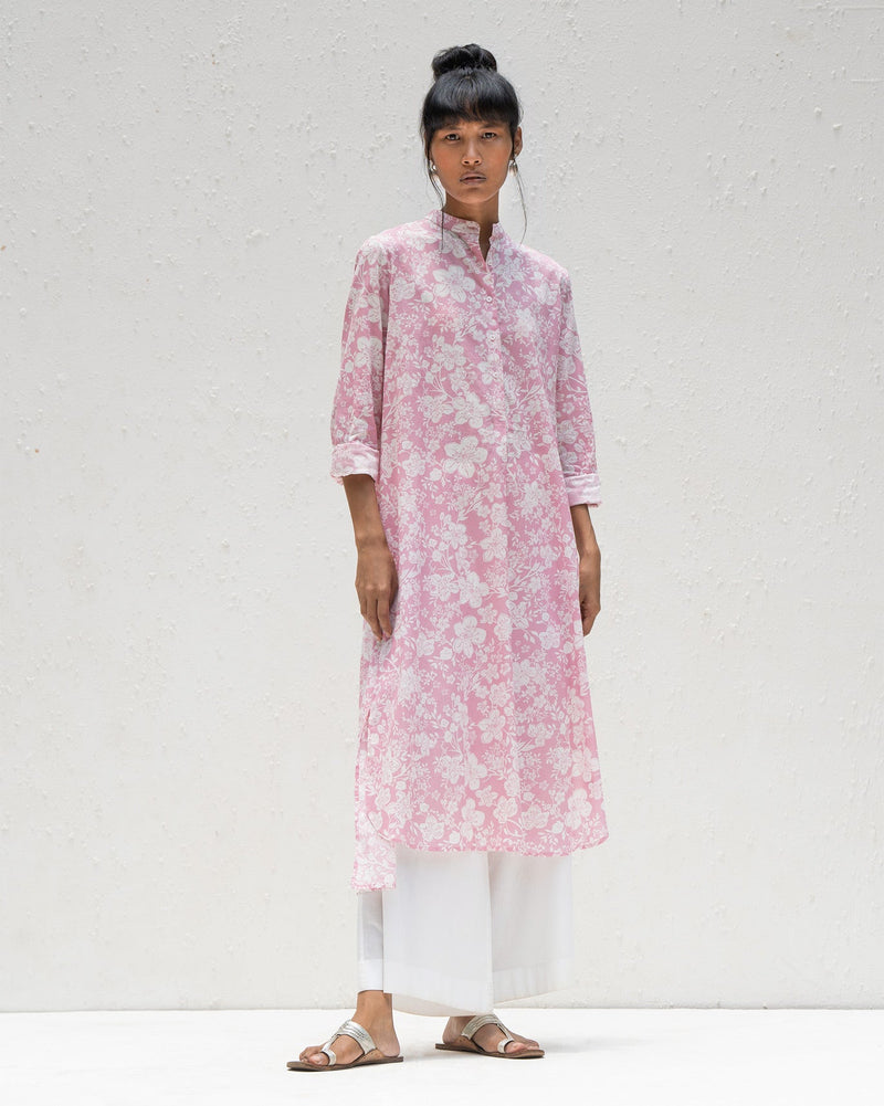 Smocked Back Kurta - Pink & Ivory